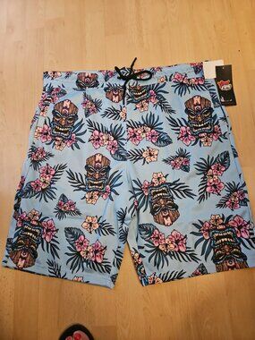 Good Vibes Tiki Hawaiian Board Shorts Swim Trunks Blue Pink Floral Mens L NWT